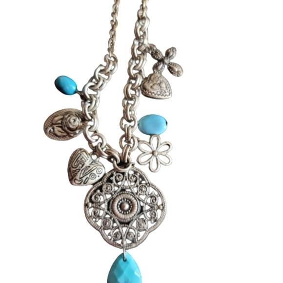 Eclectic necklace hearts cross flower silver tone turquoise hippie boho … - Picture 4 of 11